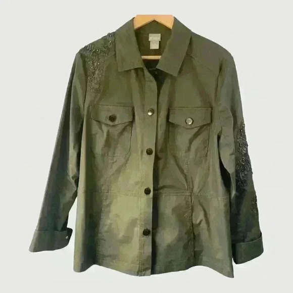 Chico's Women's Lace Applique Embellished Utility Jacket Olive Size 3 US 16/18 - Picture 1 of 15